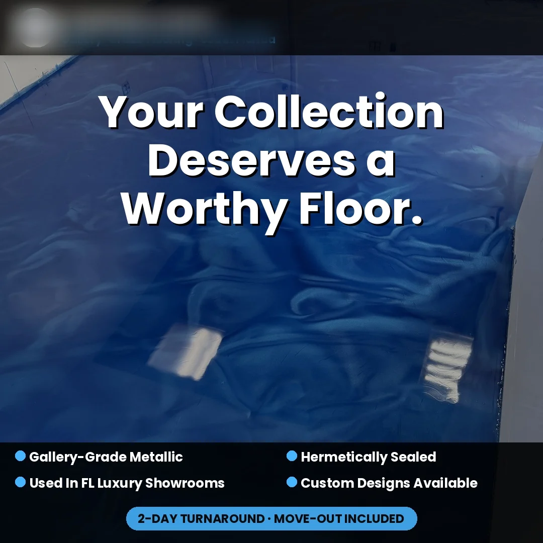 Gallery-grade metallic epoxy floor ad creative aimed at luxury showroom and collection owners
