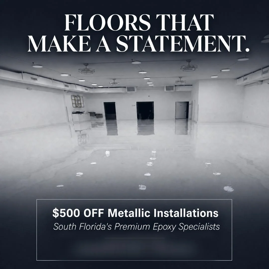 Premium black and white epoxy floor ad creative with a five hundred dollar metallic installation offer