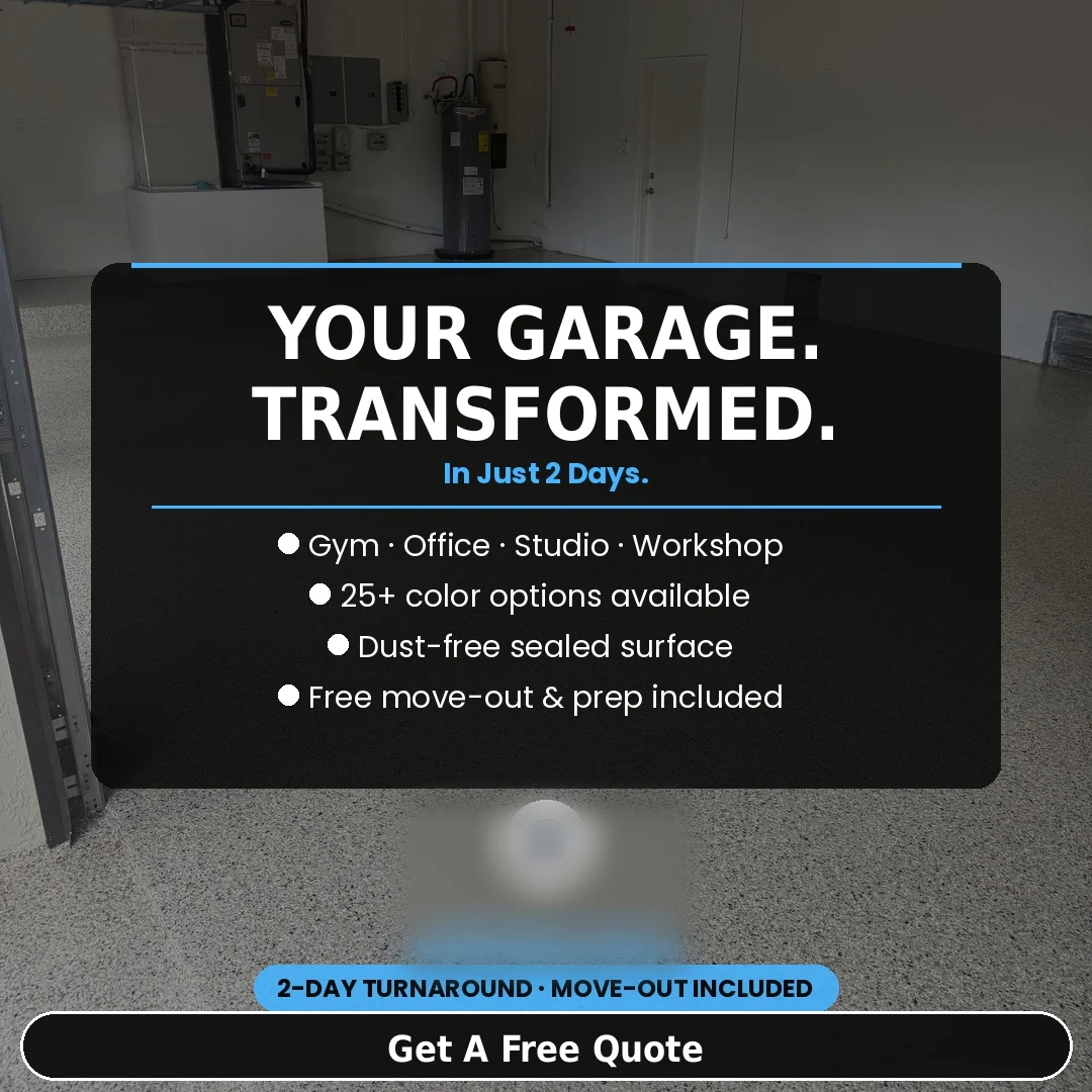 Garage epoxy floor ad creative promising a two day transformation with color options and warranty